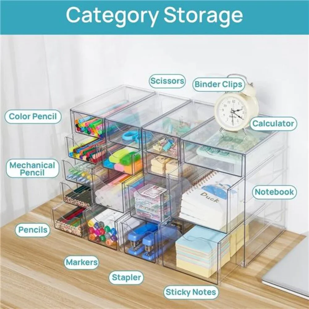 Acrylic Organizer with 16 Drawers (4 Set),Clear Storage Drawers for Office